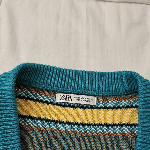 Zara Sweater Vest Mens Medium Teal Green‎ Jacquard Knit V-Neck Button Front NWOT - Picture 3 of 6